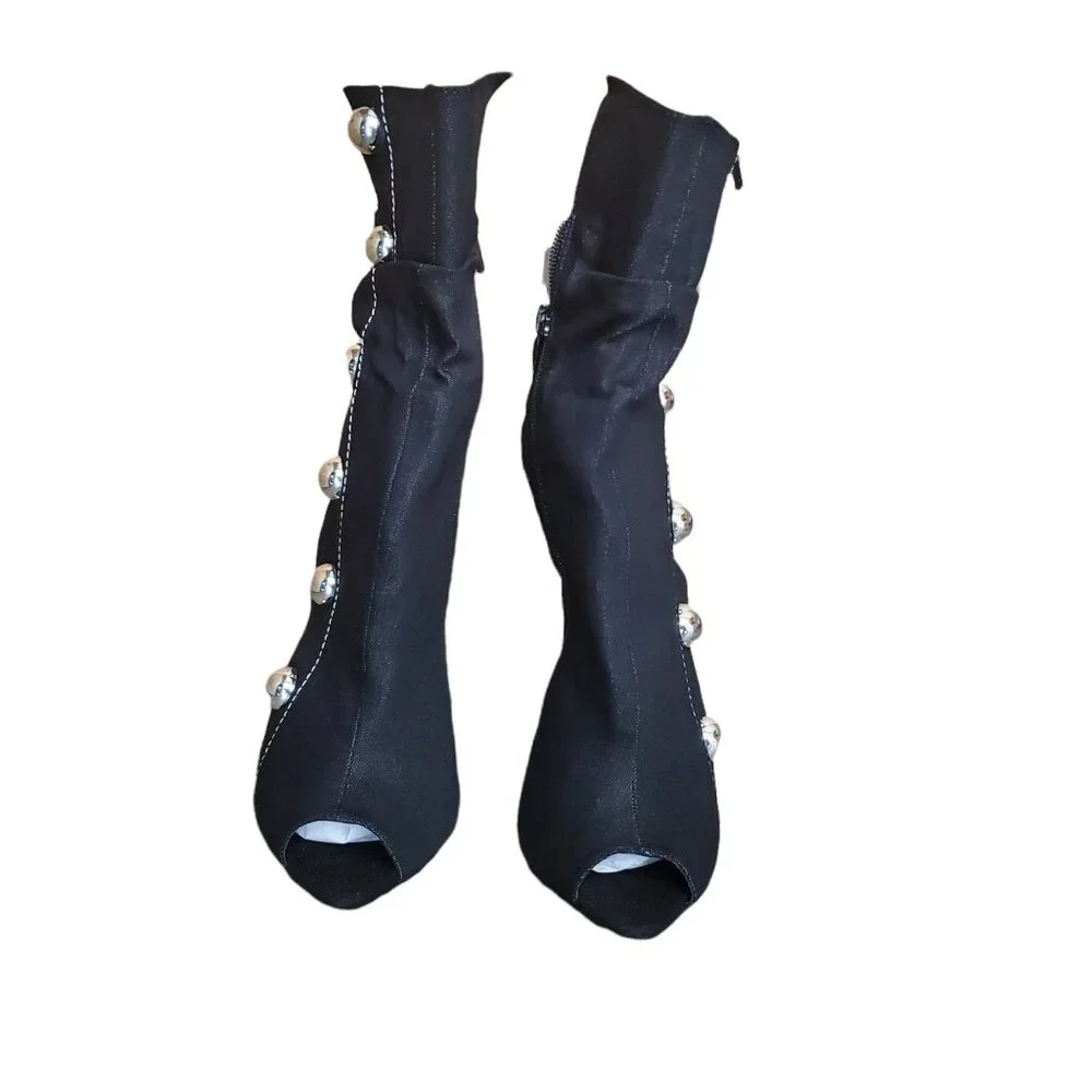Liliana womens ankle booties Black Studded Peep Toe zipper closure high Sz 7.5 - Picture 9 of 13